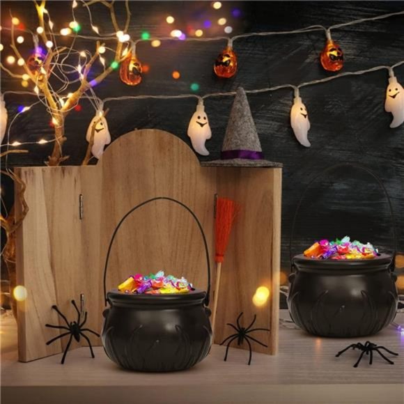 Halloween Candy Bowls, 3 Pcs Witches Cauldron Serving Bowl with Iron Rack, Black - Picture 2 of 7